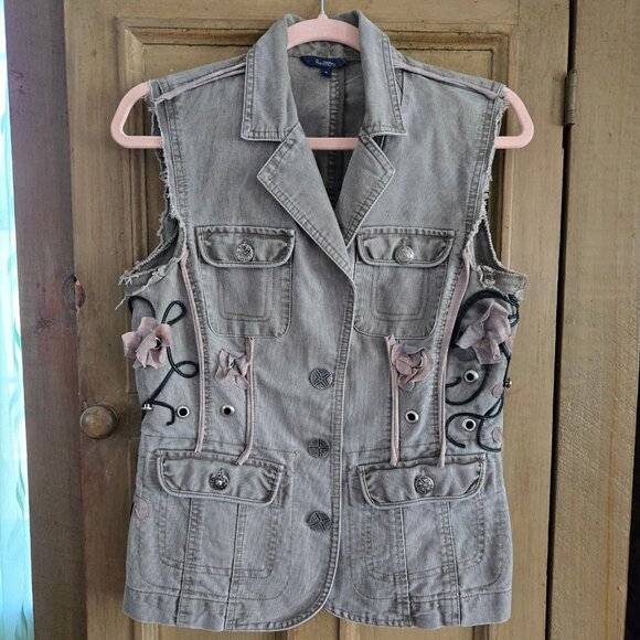 Vintage Upcycled Fairy Grunge Cargo Utility Vest size S Rhinestone Studded Boho - Picture 3 of 13